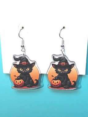 Hand Crafted Black Cat Witch Earrings - Black & Orange